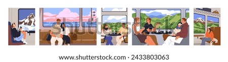 Tourists travel by train. Passengers in railway journey, relaxing in trip. People on seats, looking out window at landscapes, mountains, sea, fields sceneries, nature views. Flat vector illustrations.