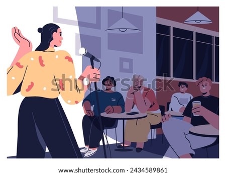 Woman comedian at open mic, humor comedy show. Stand up monologue at standup club concert. Comic speaker at microphone on stage, telling jokes in front of public, audience. Flat vector illustration