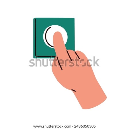 Finger pressing, pushing control button. Hand touching, clicking, switching on, turning off. Forefinger calling doorbell, door bell. Flat graphic vector illustration isolated on white background