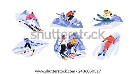 Skiers at ski resort set. People sliding downhill, down slope. Extreme sport, freeride, jumping on snowy winter holiday outside, outdoors. Flat graphic vector illustration isolated on white background