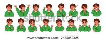 Kid emotions set. Child with different face expressions. Boy character, happy and sad mood. Angry, surprised, bored, excited, crying children. Flat vector illustrations isolated on white background