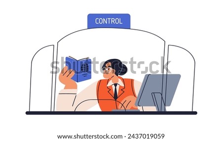 Passport and border control. Officer checking ID document, visa. Migration security at checkpoint. Official worker, airport inspector on duty. Flat vector illustration isolated on white background