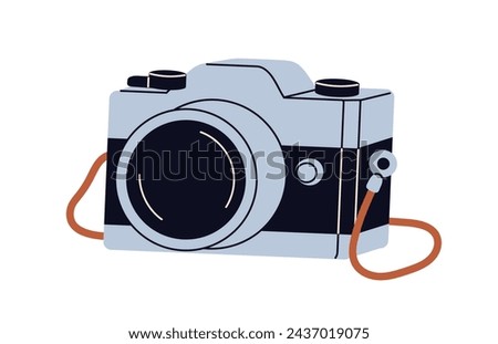 Photo camera. Film photocamera with lens. Classic retro-styled digital cam. Photograph equipment, old analog device icon for photography hobby. Flat vector illustration isolated on white background