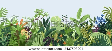 Nature background. Tropical green leaves, exotic plants, flowers, botanical border, floral banner, card design. Leaf greenery, lush garden, wild thickets, botany pattern. Flat vector illustration