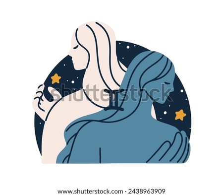 Gemini, Zodiac sign. Twins, astrology couple, pair symbol, horoscope icon. Two women, star constellation, celestial sticker. Flat graphic vector illustration isolated on white background