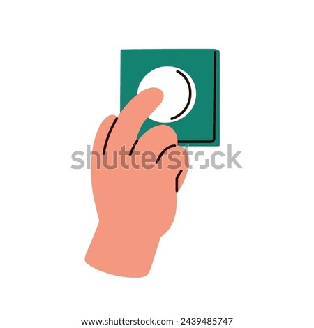 Finger pressing, pushing, clicking wall button. Hand switching on and off light dimmer, control. Ringing doorbell. Calling with door bell. Flat vector illustration isolated on white background