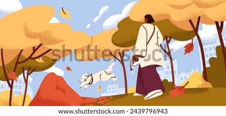 Woman walking with cute funny dog in city park in autumn. Pet owner character and happy doggy, active puppy, canine animal running, strolling outdoors among fall trees. Flat vector illustration