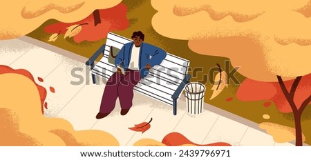 Man relaxing in autumn park, sitting on bench. Happy character resting outdoors among trees. Person relaxation at leisure time, holiday, weekend outside, fall season. Flat vector illustration