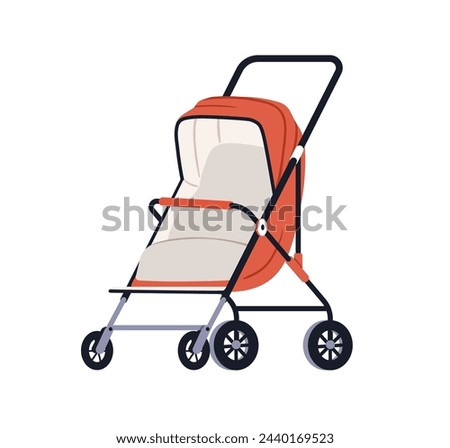 Stroller, summer pushchair. Baby buggy carriage. Empty pram seat, foldable carrier for newborn children. Kids transport for walking outdoor. Flat vector illustration isolated on white background