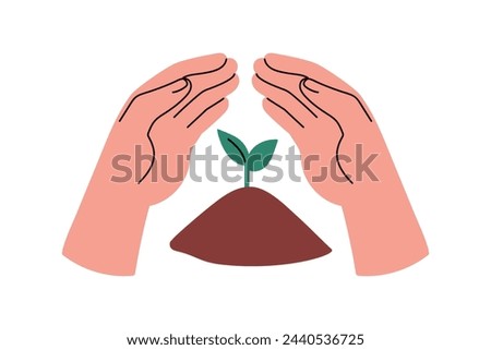 Leaf plant growing in earth, ground. Hand caring about green sprout, saving nature. Ecology, environment conservation, protection concept. Flat graphic vector illustration isolated on white background