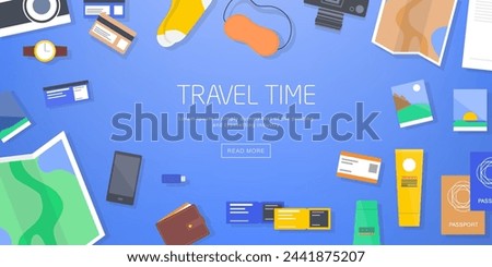 Travel banner design, web site, webpage template. Vacation trip, holiday tour, journey, advertising background. Tourism, voyage promotion with tickets, passport, camera, map. Flat vector illustration