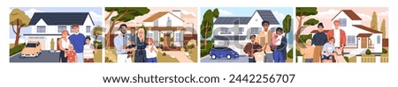 Happy families with kids standing in front of new houses. Smiling parents and children, portraits outside homes, maisons. People and property, real estate, mortgage. Flat vector illustrations