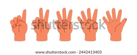 Counting with fingers. Hand gesturing, arm showing one, two, three, four and five numbers, digits. Countdown, score, elementary math learning. Flat vector illustration isolated on white background