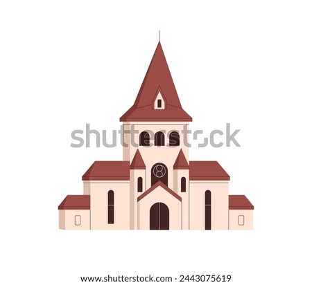 Old church building exterior. Medieval christian religious architecture facade, front view. Abstract historical small temple, European cathedral. Flat vector illustration isolated on white background