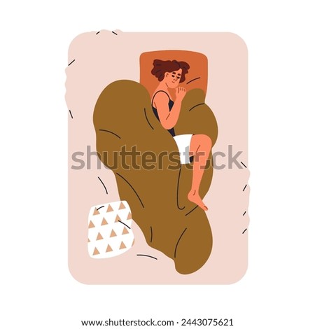 Woman sleeping in bed. Girl asleep, lying on side, top view. Character dreaming, slumbering with pillow, blanket, mattress at night. Flat graphic vector illustration isolated on white background