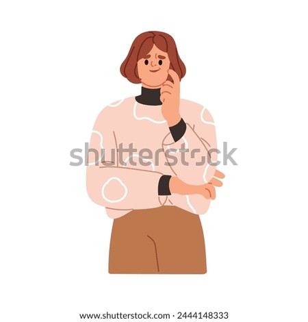 Skeptical woman doubting. Suspicious doubtful thinking person with distrust emotion, sceptic face expression. Confused concerned unsure female. Flat vector illustration isolated on white background