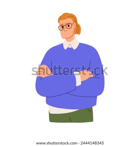 Suspicious doubting man, serious skeptical face expression. Confused puzzled employee thinking, contemplating. Doubtful sceptic pensive emotion. Flat vector illustration isolated on white background