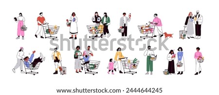 People with shopping carts set. Buyers, consumers with grocery trolleys and supermarket baskets walking. Customers with pushcarts. Flat graphic vector illustrations isolated on white background