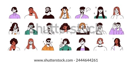 People avatars set. Young men and women with thinking face expressions. Modern line character heads, happy smiling thoughtful girls and guys. Flat vector illustrations isolated on white background