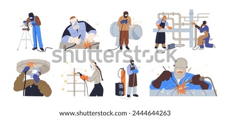 Welders welding metal pipes, steel pipelines. Industrial workers in masks work with iron. Fixing, building, repairing, metalworking set. Flat graphic vector illustrations isolated on white background