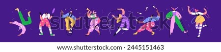 Carnival and circus acrobats, clowns, jugglers and jesters set. Harlequins, jokers, funny artists, comic actors, gymnasts, comedians performing on stilts, unicycle, juggling. Flat vector illustration
