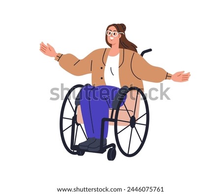 Happy young woman on wheelchair. Smiling joyful character with physical disability, sitting in wheel chair. Excited cheerful positive girl. Flat vector illustration isolated on white background