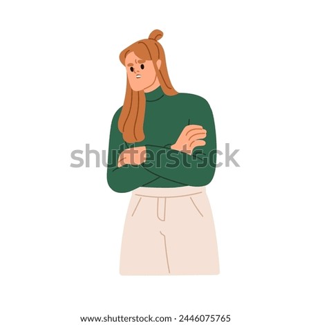Doubting woman. Irritated disappointed female. Skeptical confused suspicious face expression. Sceptic person looking with doubtful emotion. Flat vector illustration isolated on white background