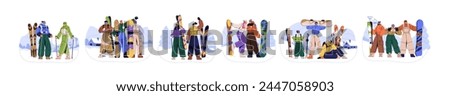 People with ski and snowboard, sport equipment, portraits set. Friends, families, couples at mountain resort on winter holiday, active vacation. Flat vector illustration isolated on white background