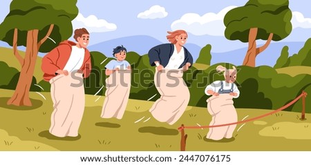 Family in sack race, fun competition outdoors. Happy children, parents jumping, bouncing inside burlap bags. Excited adults and kids, joyful funny summer leisure, activity. Flat vector illustration