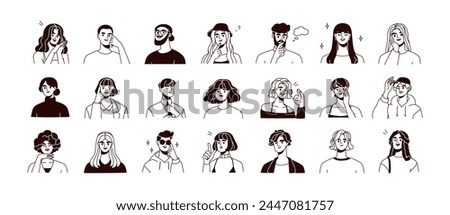 People avatars set. Young smiling male and female characters, head portraits in outlined lineart style. Happy men and women, user profiles. Flat vector illustration isolated on white background