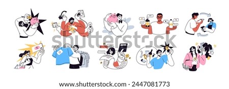 People saving money set. Stingy characters and personal finance. Planning, calculating expenses, profit. Careful budgeting, financial concept. Flat vector illustration isolated on white background