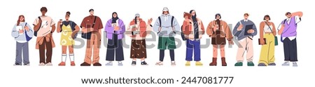 Diverse university students group standing together in line. Young men, women, college learners set in row. Happy youth with books and backpacks. Flat vector illustration isolated on white background