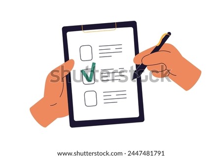 Checklist on clipboard. Hands ticking, marking checkmark on paper check-list. Filling questionnaire, survey form, document, choosing option. Flat vector illustration isolated on white background