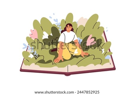 Fantasy, imagination in reading fairytale, fiction book. Reader imagining with creativity, inspiration. Literature adventure concept. Flat graphic vector illustration isolated on white background