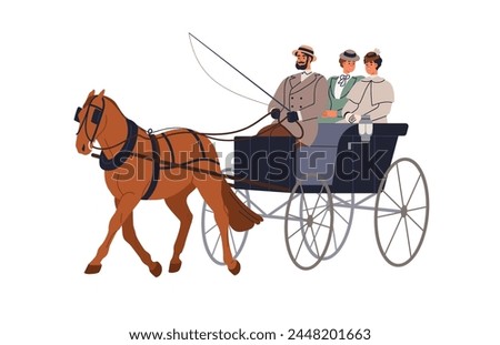 Vintage horse carriage. Coachman and ladies in 19th century chariot, old historic victorian transport. 18th cart cab, stallion and coach. Flat vector illustration isolated on white background