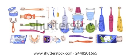 Dental oral hygiene tools set. Mouth cleaning and teeth care accessories, toothpaste, toothbrush, floss, paste, electric brush and mouthwash. Flat vector illustration isolated on white background