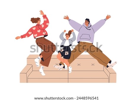 Happy family jumping. Excited joyful parents and kid celebrating together. Funny mom, dad and girl child having fun, rejoicing, exulting at home. Flat vector illustration isolated on white background