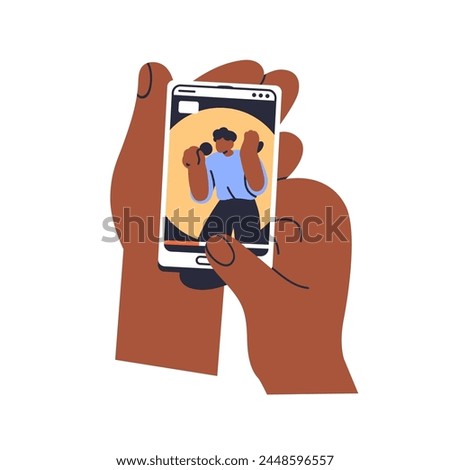 Watching online video on mobile phone screen. Hand holding smartphone with vertical social media story. Digital internet entertainment content. Flat vector illustration isolated on white background