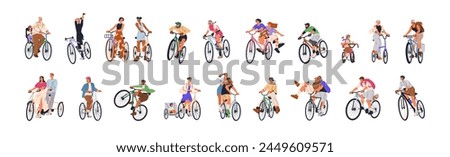 Happy people riding bicycles set. Active cyclists on bikes. Young excited smiling bicyclists cycling. Men, women and kids in helmets, pedaling. Flat vector illustration isolated on white background