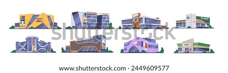 Shopping centers, malls, stores exterior set. Commercial city buildings, modern glass facade. Supermarket, market construction, architecture. Flat vector illustration isolated on white background