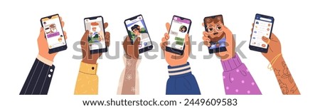 Hand holding smartphones, surfing social media, chatting online. Internet communication applications, video call on mobile phone, set. Flat graphic vector illustration isolated on white background