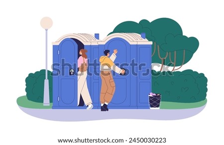 Outdoor portable toilets on street. Public bio restroom in city park. People going to mobile chemical WC cabins, closet for male and female. Flat vector illustration isolated on white background