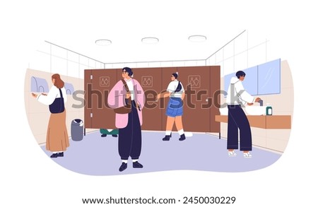 Gender-neutral public toilet. People in unisex restroom, closet for men and women. Characters in WC cabins, waiting, drying and washing hands. Flat vector illustration isolated on white background