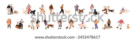 People walking with dogs. Pet owners leading puppies outdoors set. Characters strolling with companion animals, doggies. Men, women and pups. Flat vector illustration isolated on white background