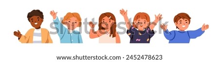 Happy children, joyful boys and girls greeting, waving with hand, hi gesture. Cute excited smiling school kids, positive expression, emotion, set. Flat vector illustration isolated on white background