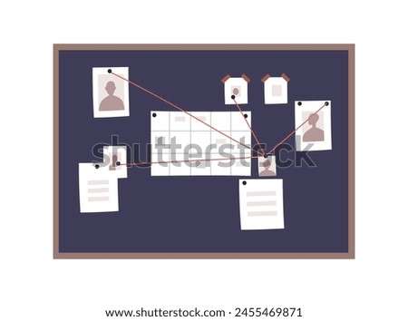 Detective board with crime evidence pinned up for police investigation. Bulletin pinboard displaying photos, notes, clues. Criminal case, inquiry. Flat vector illustration isolated on white background