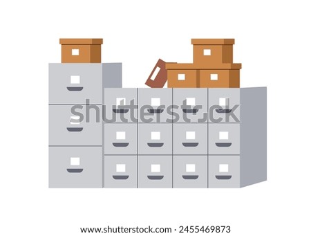 File cabinet, office furniture for document storage. Business archive, confidential data management, organization. Metal drawers, cases and boxes. Flat vector illustration isolated on white background