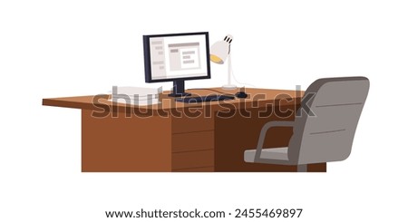 Workplace with desk, empty vacant office chair, desktop computer, lamp. Workstation, work place, business table with PC monitor and armchair. Flat vector illustration isolated on white background