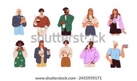 People enjoying coffee. Man and woman holding takeaway mugs, paper cups. Characters drinking hot morning beverages, americano, cappuccino to go. Flat vector illustrations isolated on white background