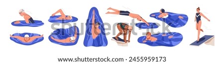 Professional swimmers in action, swimming and jumping off board into pool. Water sports athlete training backstroke, butterfly, crawl, freestyle. Flat vector illustration isolated on white background